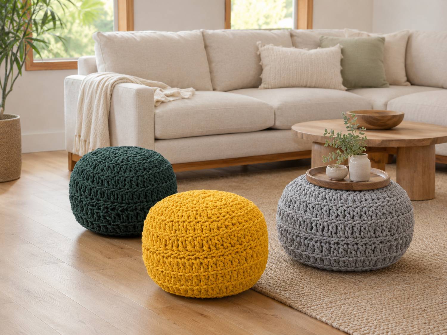 【状態良】HAY POUF（プフ） マスタードカラー ハンドニッテッド コットン プフ01 マスタード 40cm | E-comfort 公式